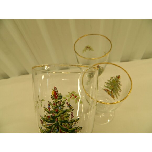 Spode Christmas Tree Goblet Set Of 3 Gold Rim 7" Footed Vintage Holiday Glasses - Picture 10 of 14
